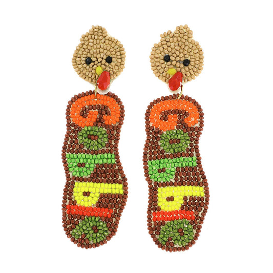 THANKSGIVING GOBBLE TURKEY BEADED DROP EARRINGS
