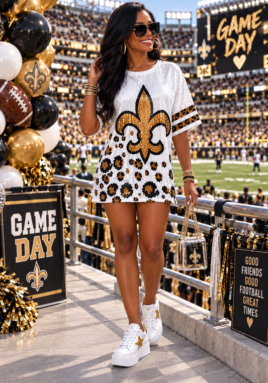 Exclusive Sequin Jersey Dress, Leopard Fleur De Lis, White and Gold Leopard Sequin Jersey Dress, Football Jersey Dress, Football Sequin Dress, New Orleans Attire