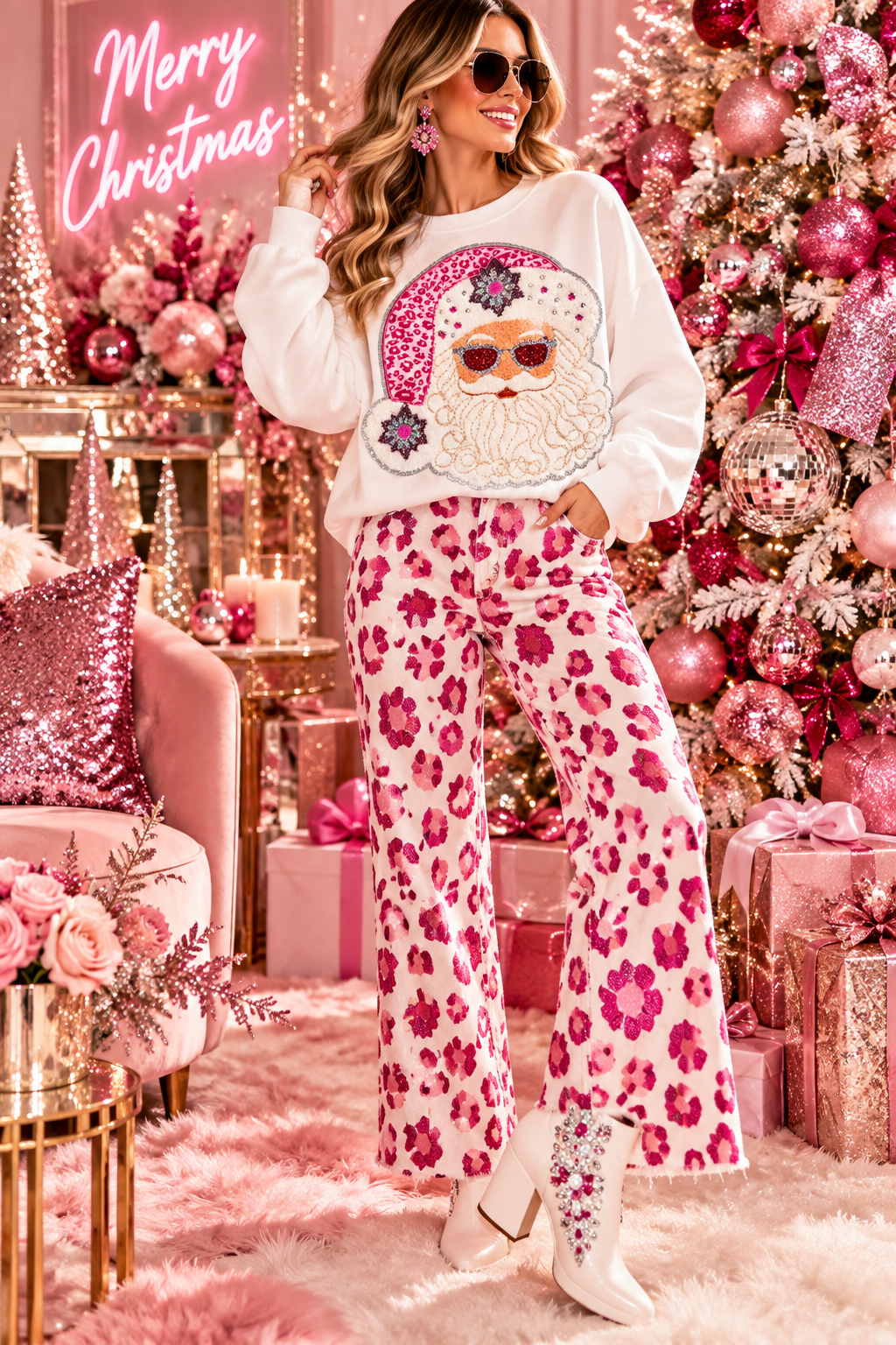 Sequin Santa Leopard Chenille Glamour Patch: Pink Christmas Iron-On Applique