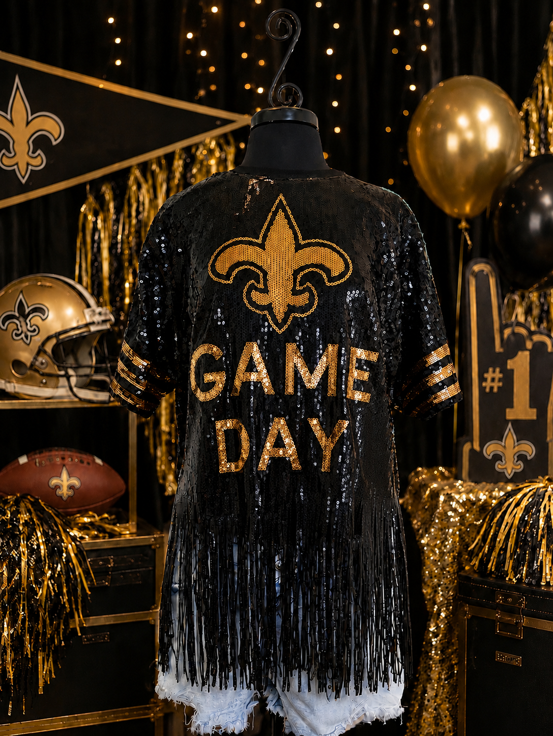 Saints Sequin Top, Plus Size Fleur De Lis Sequin Fringe Jersey Top