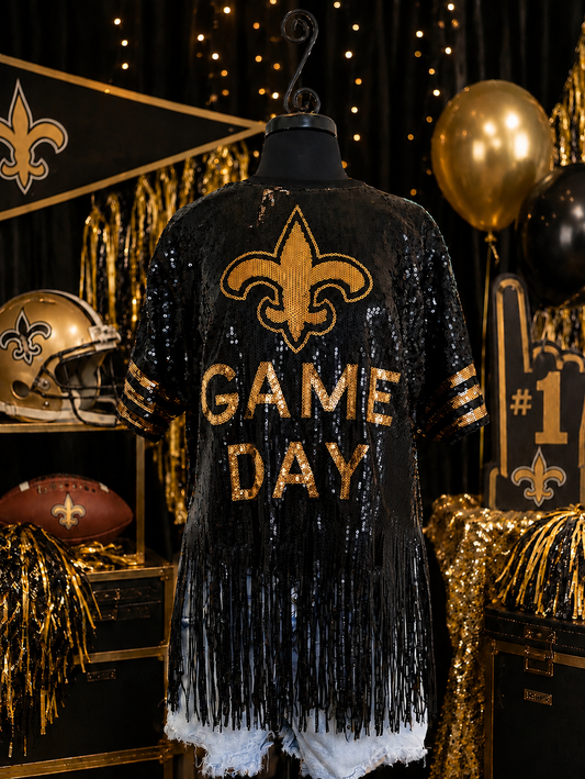 Saints Sequin Top, Plus Size Fleur De Lis Sequin Fringe Jersey Top