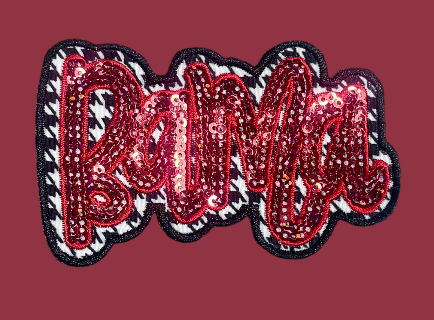 Houndstooth Patch, Cursive Font, Sequin Patch, Game Day Patch, Crimson Sequins, Iron on Patch, DIY Patch, Trucker Hat Patch