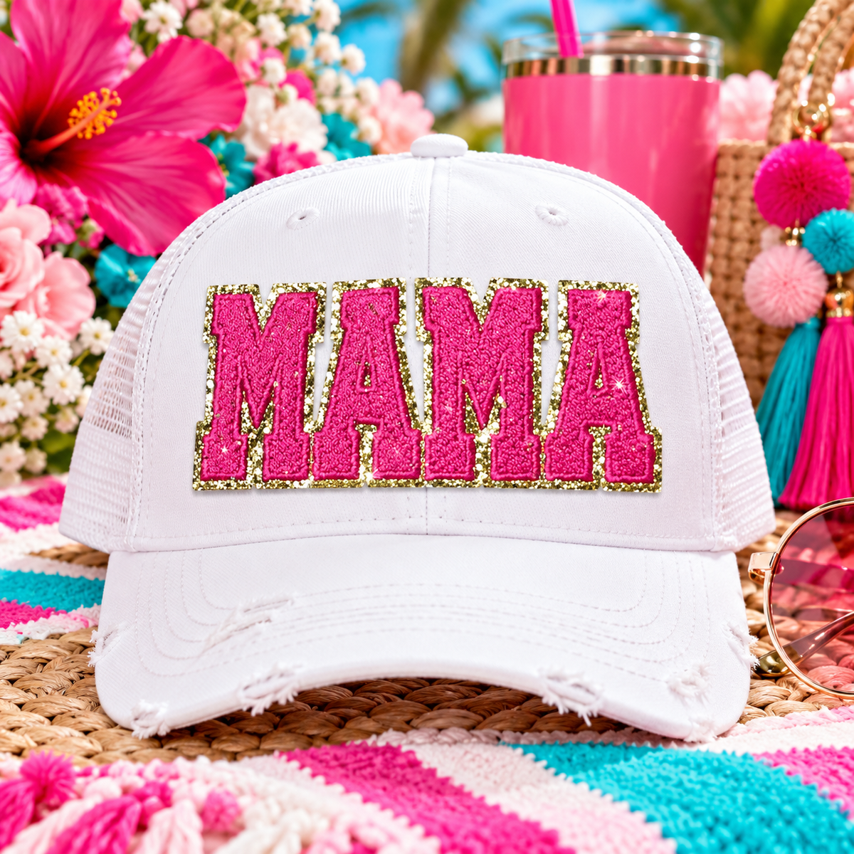 Mama Patch, Trucker Hat Patch, Hot Pink colored Mama Patch, Embroidered Patch, Mom Patch, Glitter Patch, Patch for Hats, DIY, Iron on Patch