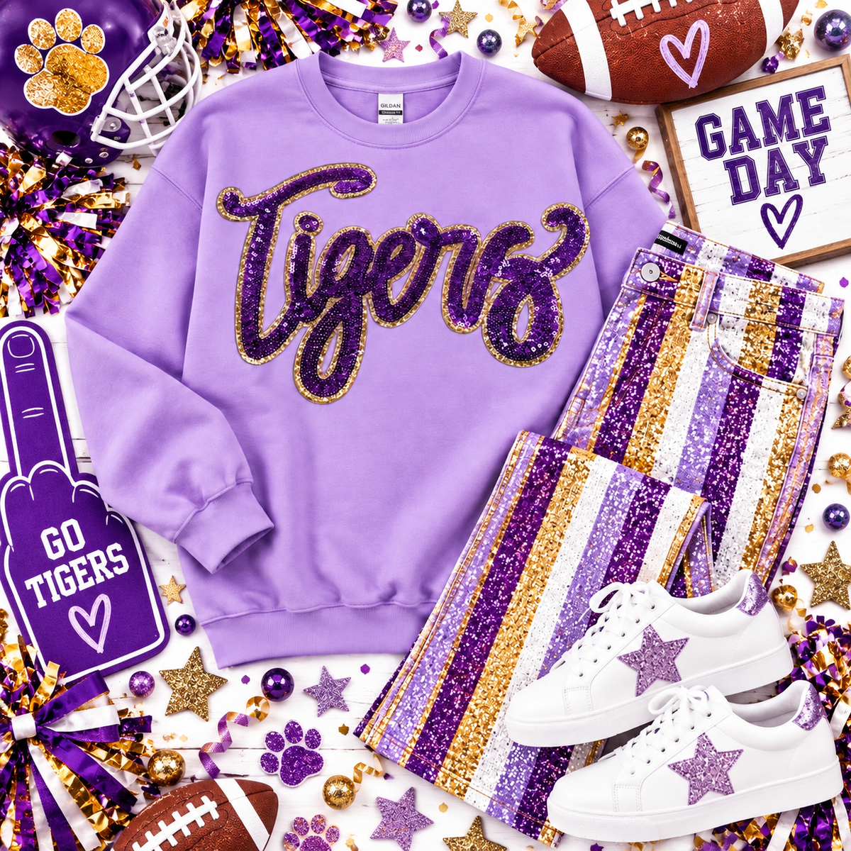 Tigers Purple Game Day Sequin Patch, Sequin Star Patch, DIY patch, Iron on Patch, Gold glitter backing