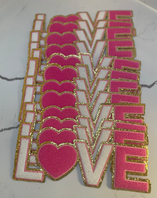 Love Iron On Chenille Patches with Gold-Glitter Edging - 11" Valentine's Day Love Chenille Patches - Heart Patches - Love Letter Patches