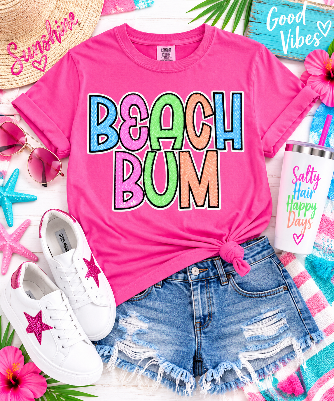 Beach Bum Patch, Sequin Beach Bum Patch, White Glitter Backing, Iron on Patch, DIY