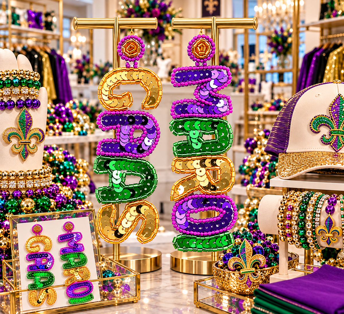 NEW!!! Mardi Gras 2027 Lightweight Sequin Mardi Gras Drop Earrings