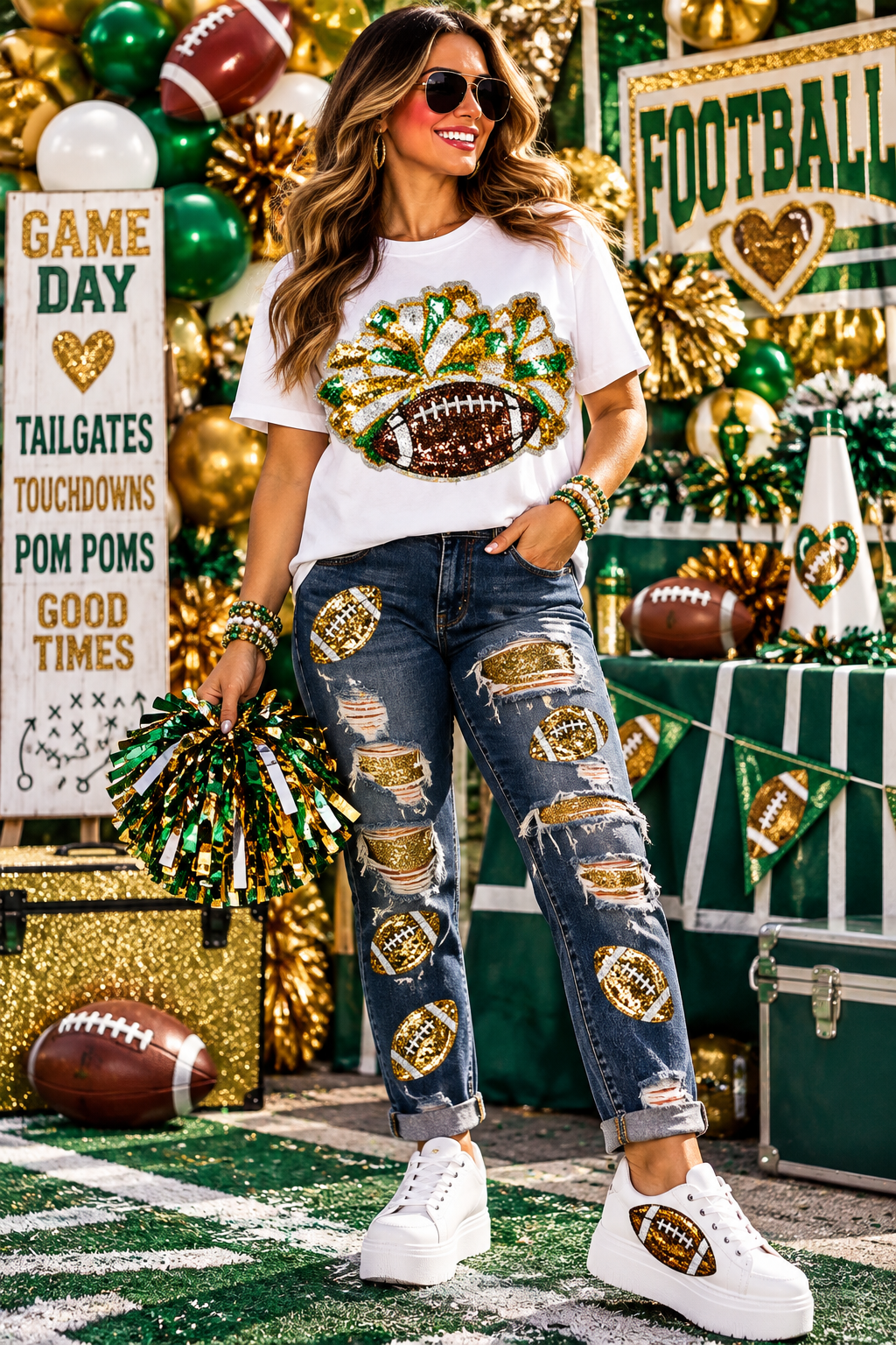 Cheer Sequin Patch, Football and Green Pom Poms, DIY Applique
