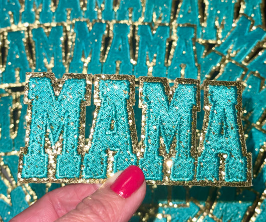 Mama Patch, Trucker Hat Patch, Turquoise colored Mama Patch, Embroidered Patch, Mom Patch, Glitter Patch, Patch for Hats, DIY, Iron on Patch