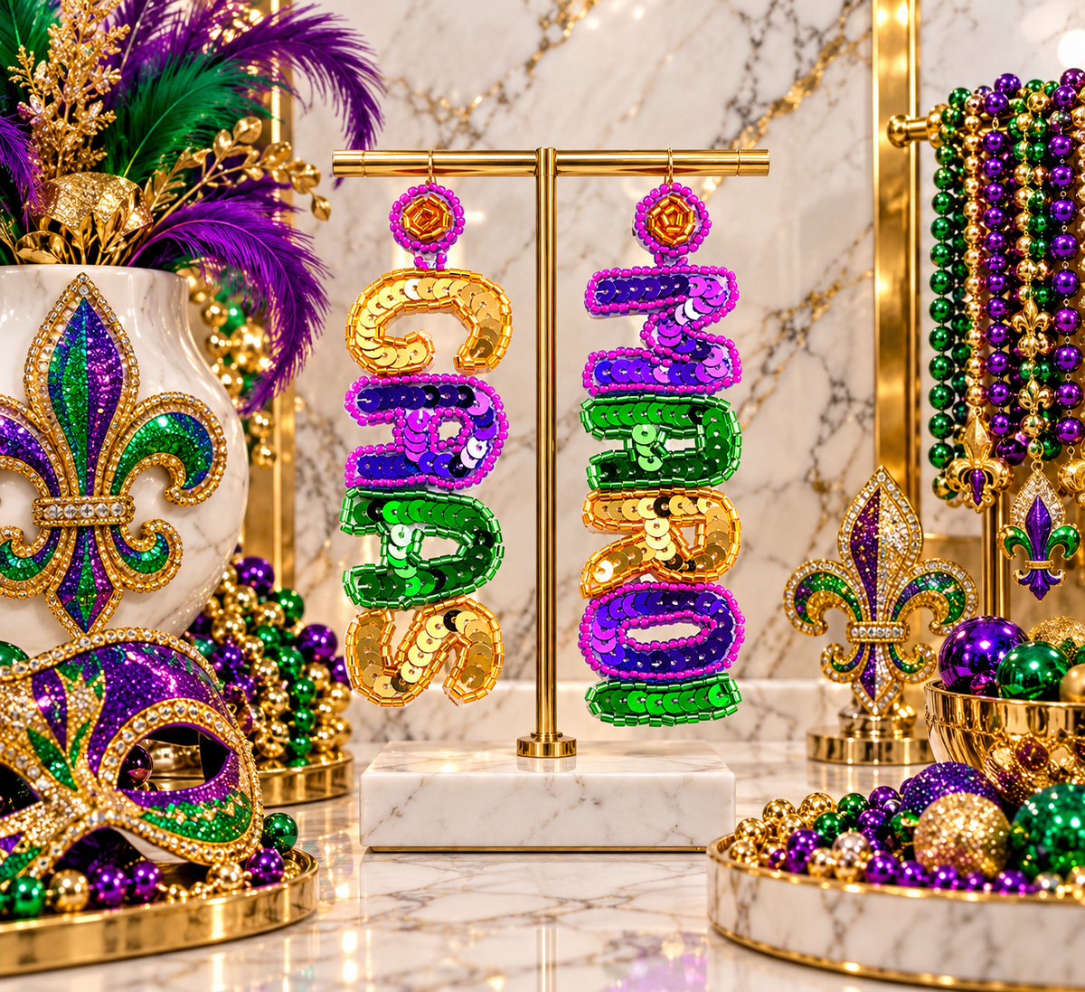 NEW!!! Mardi Gras 2027 Lightweight Sequin Mardi Gras Drop Earrings
