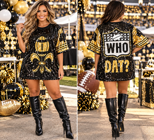 New Orleans Saints Ladies Black and Gold Sequin Jersey Dress| Black and Gold Dress| Women’s Sequin Dress| Bling Dress |NFL Sports|