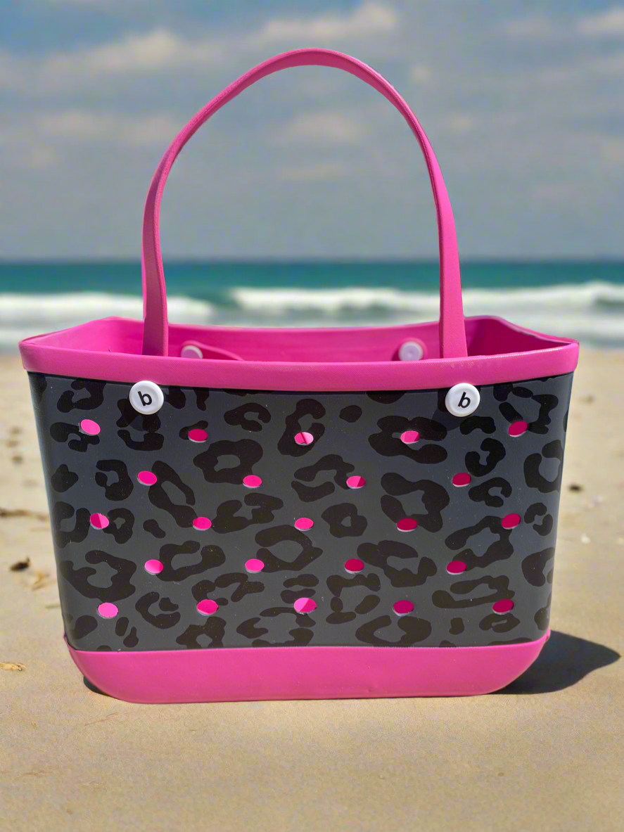 Beach Bag, Hot Pink and Black Leopard Rubber Bag, Beach Bag, Leopard Print Beach Bag| Beach