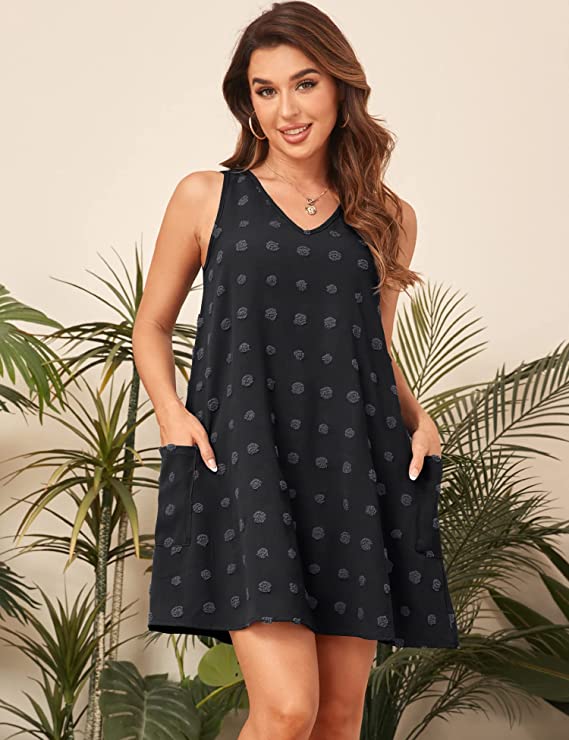 Sleeveless Sundresses Swiss Polka Dot Beach Cover Up V Neck Tank Dress with 2 Pockets