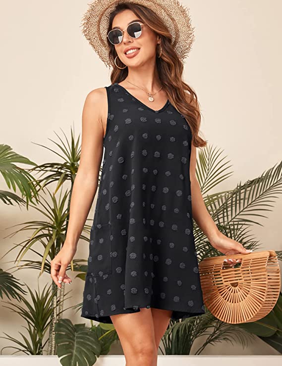 Sleeveless Sundresses Swiss Polka Dot Beach Cover Up V Neck Tank Dress with 2 Pockets