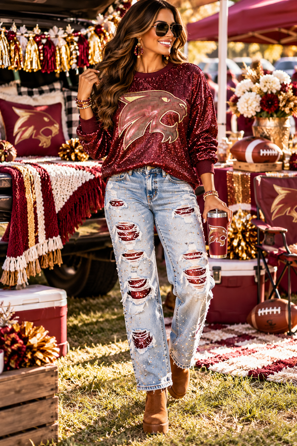Sequin Bobcats Patch, Maroon sequins with gold glitter backing mascot patch, Iron on Patch, Game Day Patch, DIY Patch
