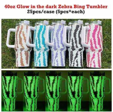 Glow in the dark Zebra Bling Tumblers, Rhinestone Glow in the Dark 40 oz Tumbler