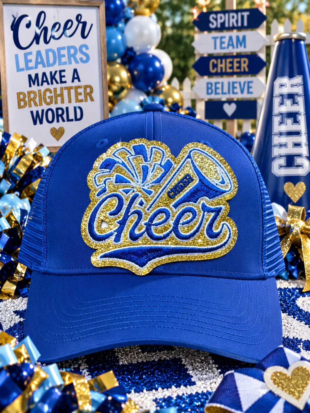Cheer Embroidered Glitter Patch: Blue and Gold Iron-On DIY Applique (3.5 inch)
