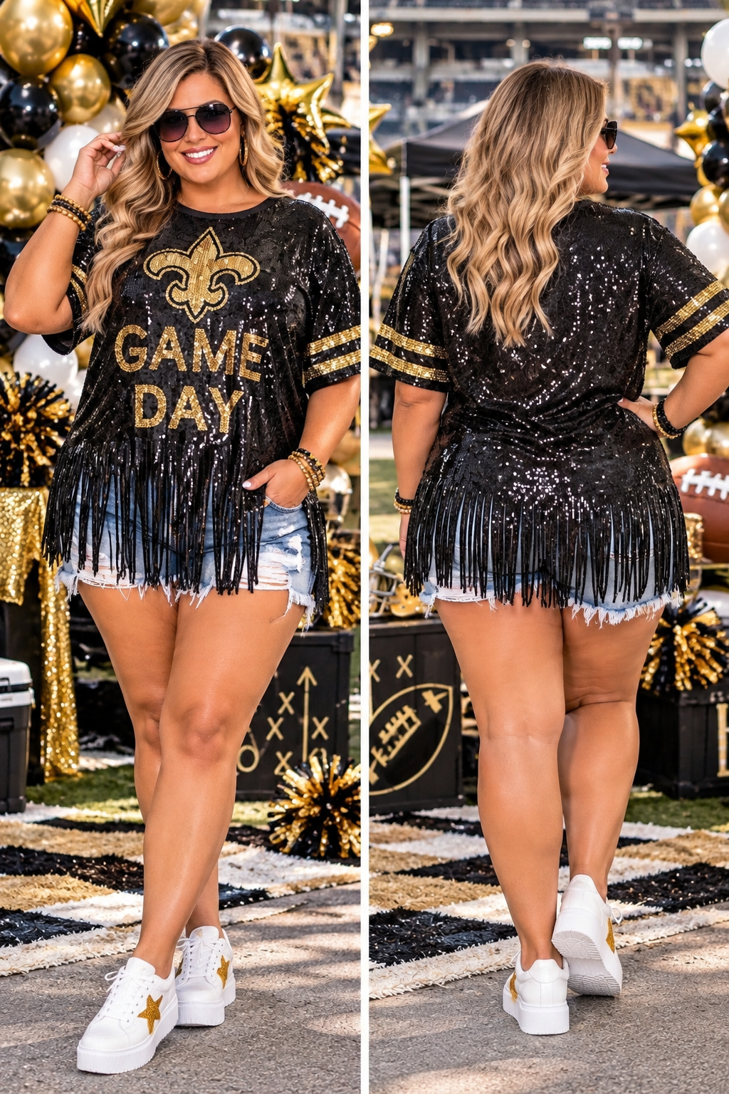Saints Sequin Top, Plus Size Fleur De Lis Sequin Fringe Jersey Top