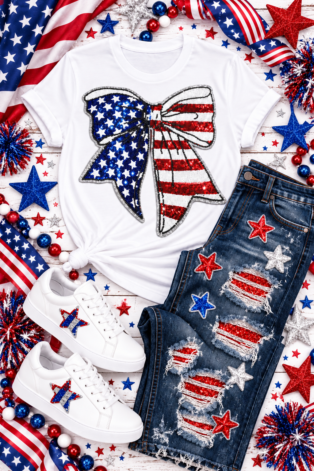 American Flag Bow Patch, Sequin Patch, 11" Iron on Patch, Silver Glitter Backing, DIY, Bow Patch