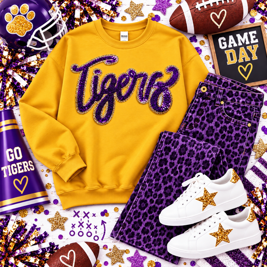 Tigers Purple Game Day Sequin Patch, Sequin Star Patch, DIY patch, Iron on Patch, Gold glitter backing