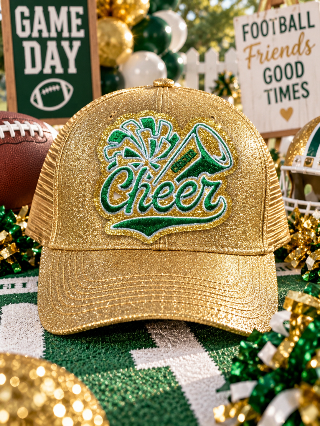 Cheer Embroidered Glitter Patch: Green and Gold Iron-On DIY Applique (3.5 inch)