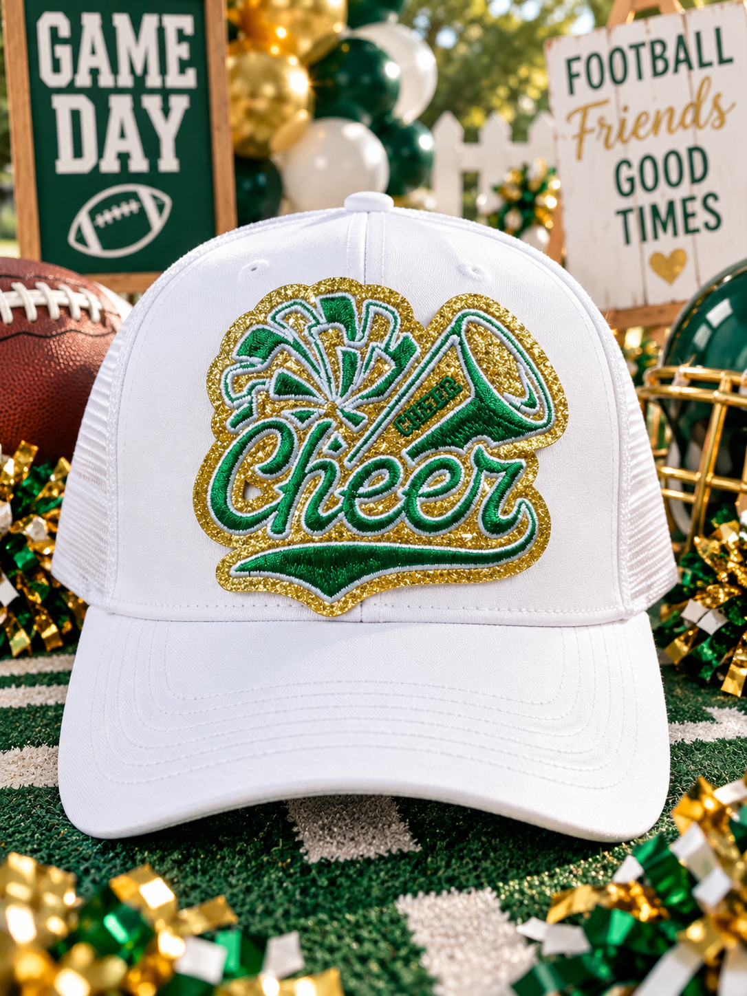 Cheer Embroidered Glitter Patch: Green and Gold Iron-On DIY Applique (3.5 inch)