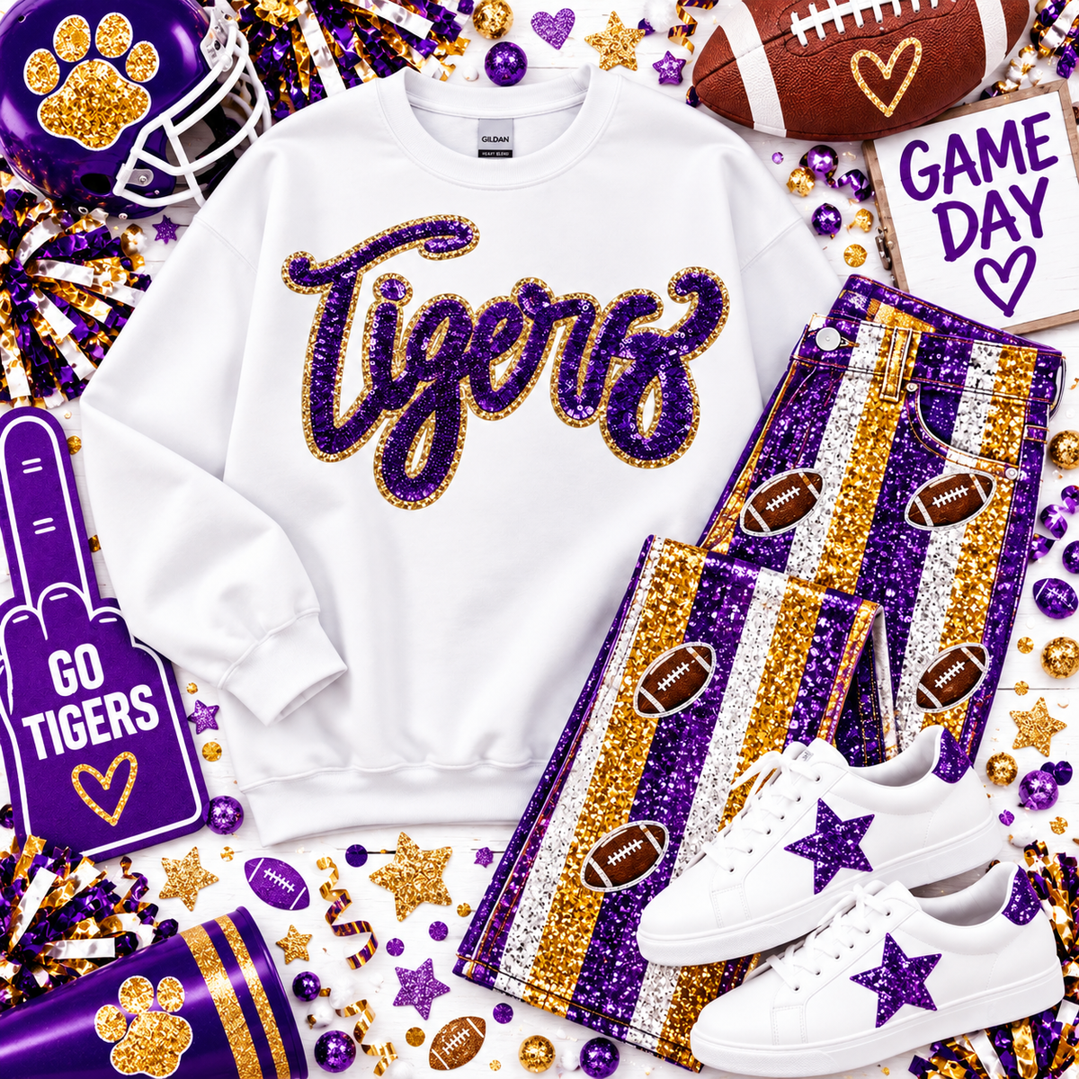 Tigers Purple Game Day Sequin Patch, Sequin Star Patch, DIY patch, Iron on Patch, Gold glitter backing
