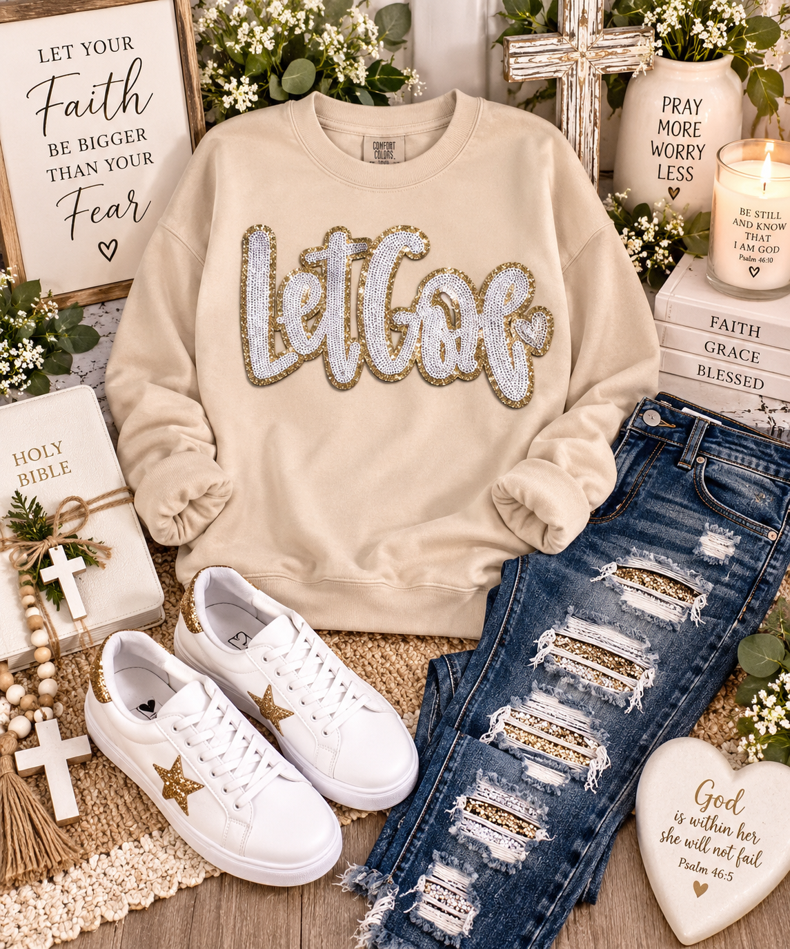 Let God Patch, White Sequin Patch, Gold Glitter Patch, Iron on Patch, Inspirational Patch, Bible verse patch, Religious Patch