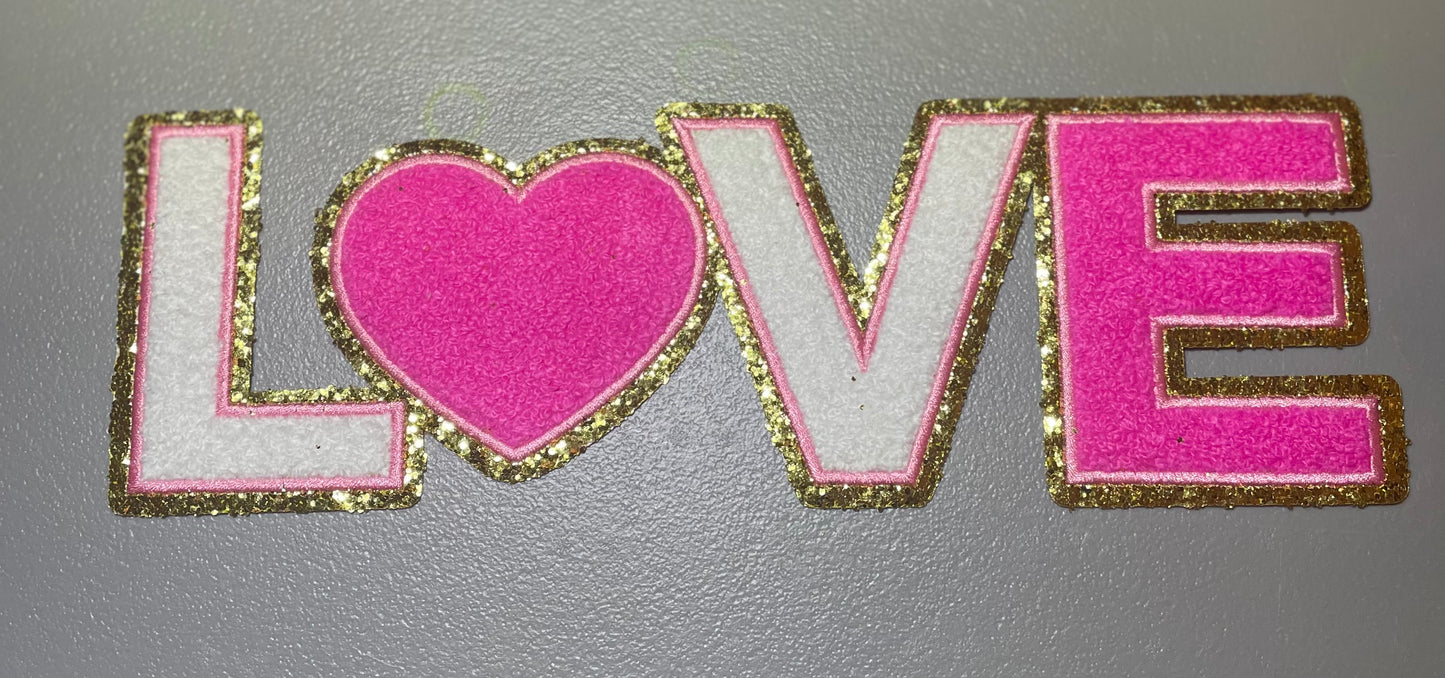 Love Iron On Chenille Patches with Gold-Glitter Edging - 11" Valentine's Day Love Chenille Patches - Heart Patches - Love Letter Patches