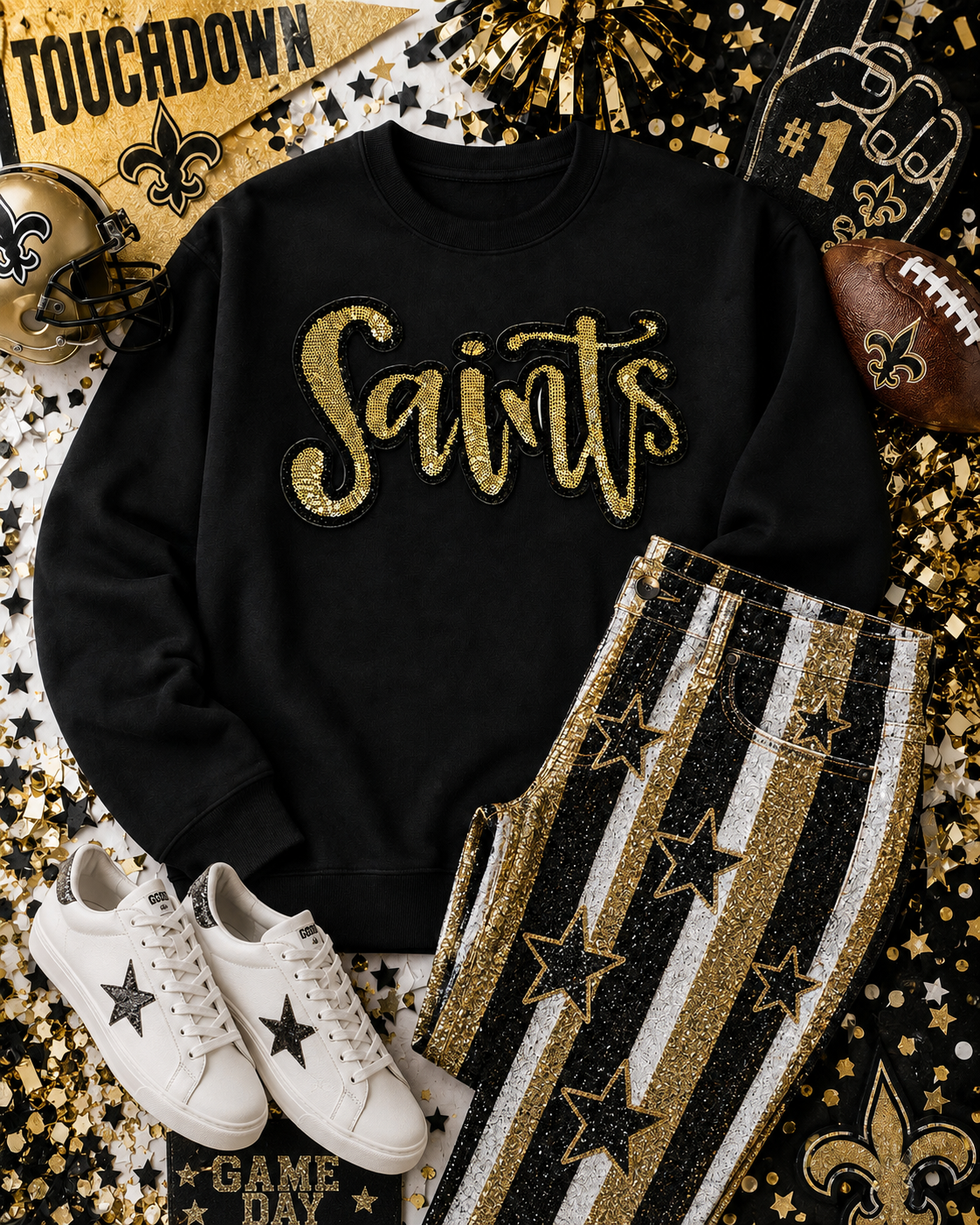 Sequin Script Saints Patch: Black Glitter Iron On Applique, School Mascot