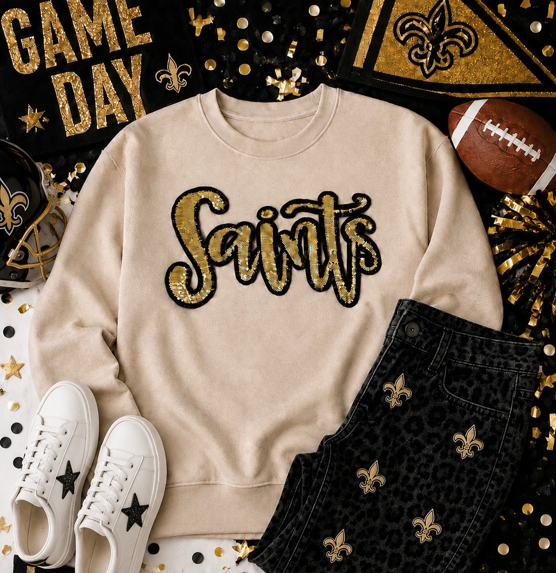 Sequin Script Saints Patch: Black Glitter Iron On Applique, School Mascot