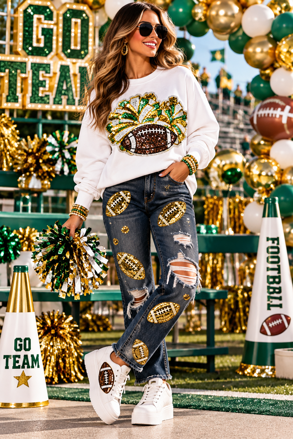 Cheer Sequin Patch, Football and Green Pom Poms, DIY Applique
