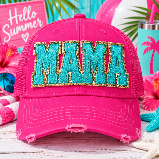 Mama Patch, Trucker Hat Patch, Turquoise colored Mama Patch, Embroidered Patch, Mom Patch, Glitter Patch, Patch for Hats, DIY, Iron on Patch
