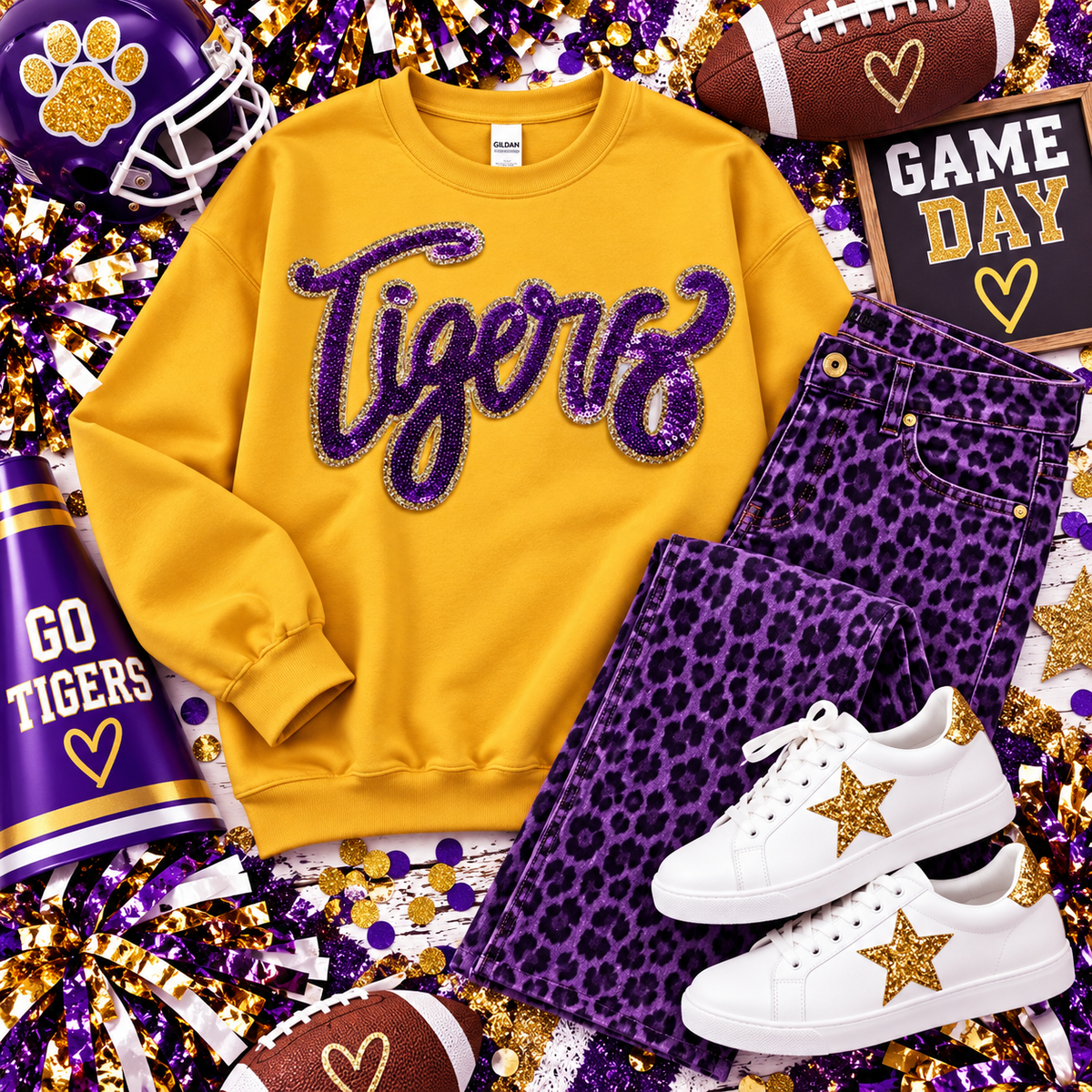 Tigers Purple Game Day Sequin Patch, Sequin Star Patch, DIY patch, Iron on Patch, Gold glitter backing