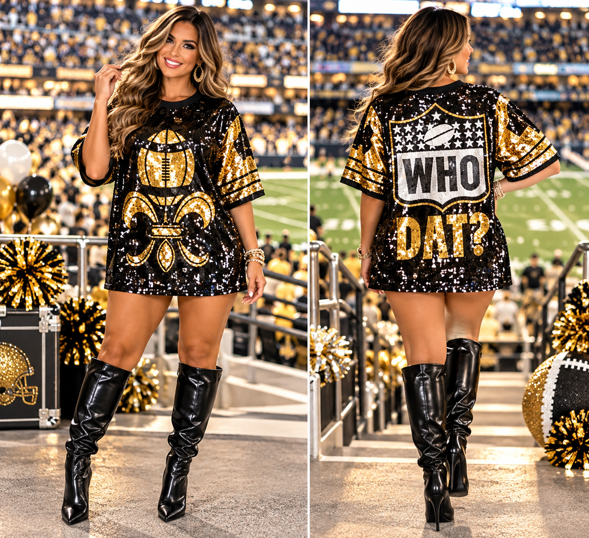 New Orleans Saints Ladies Black and Gold Sequin Jersey Dress| Black and Gold Dress| Women’s Sequin Dress| Bling Dress |NFL Sports|