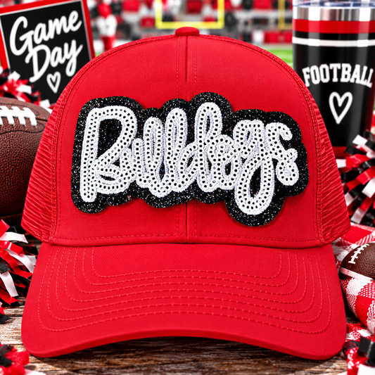 Sequin Bulldogs Patch, 4" Trucker Hat Patch, Sequin Patch, White Sequin Bulldogs Patch, Black Glitter Backing, Iron On Patch, Game Day Patch, Mascot Patch, DIY Patch