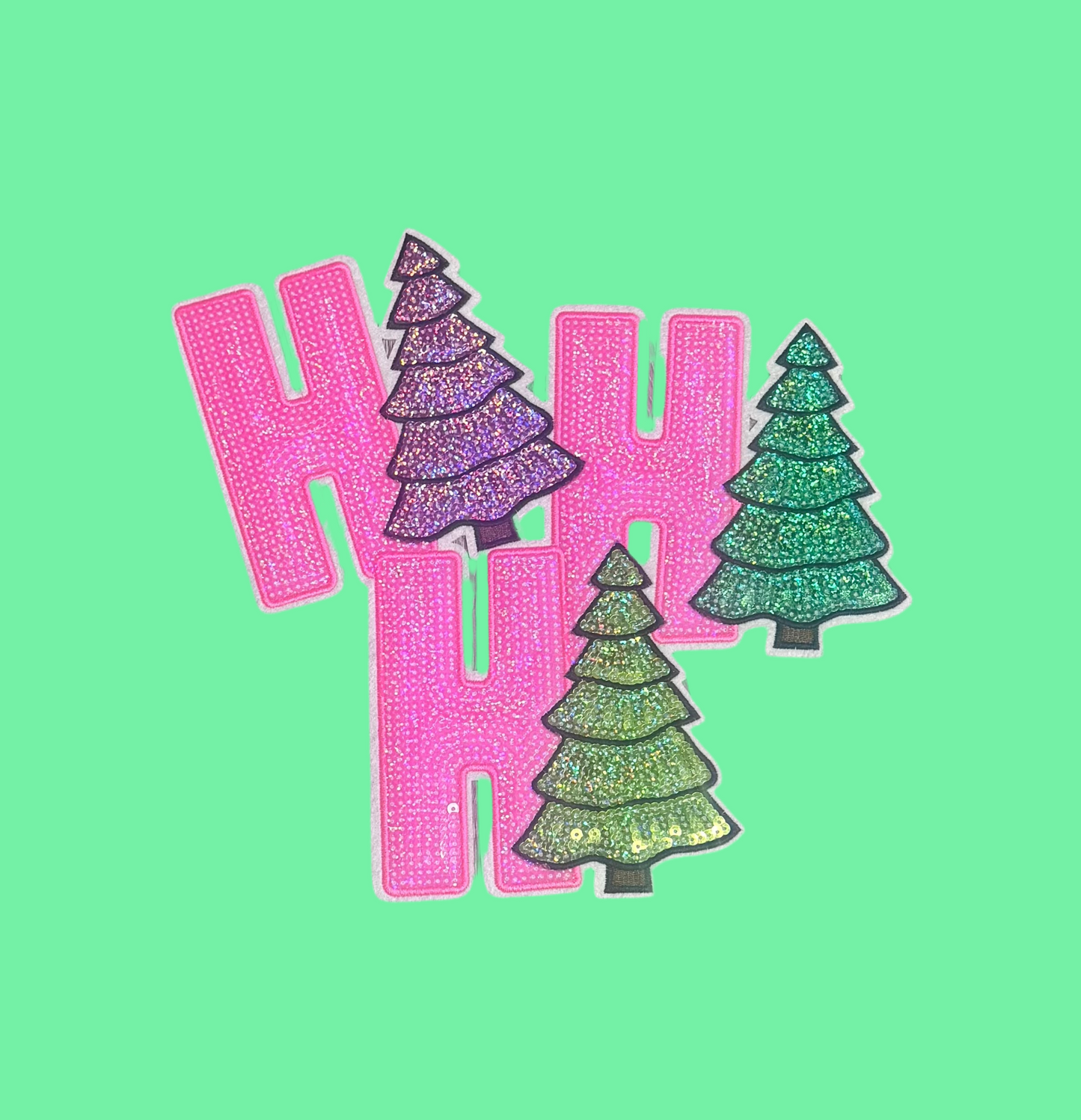 Sequin Ho Ho Ho with Christmas Trees, Pink Patch, Christmas Patch, Iron on Patch, Sequin Patch, Pink Christmas Patch