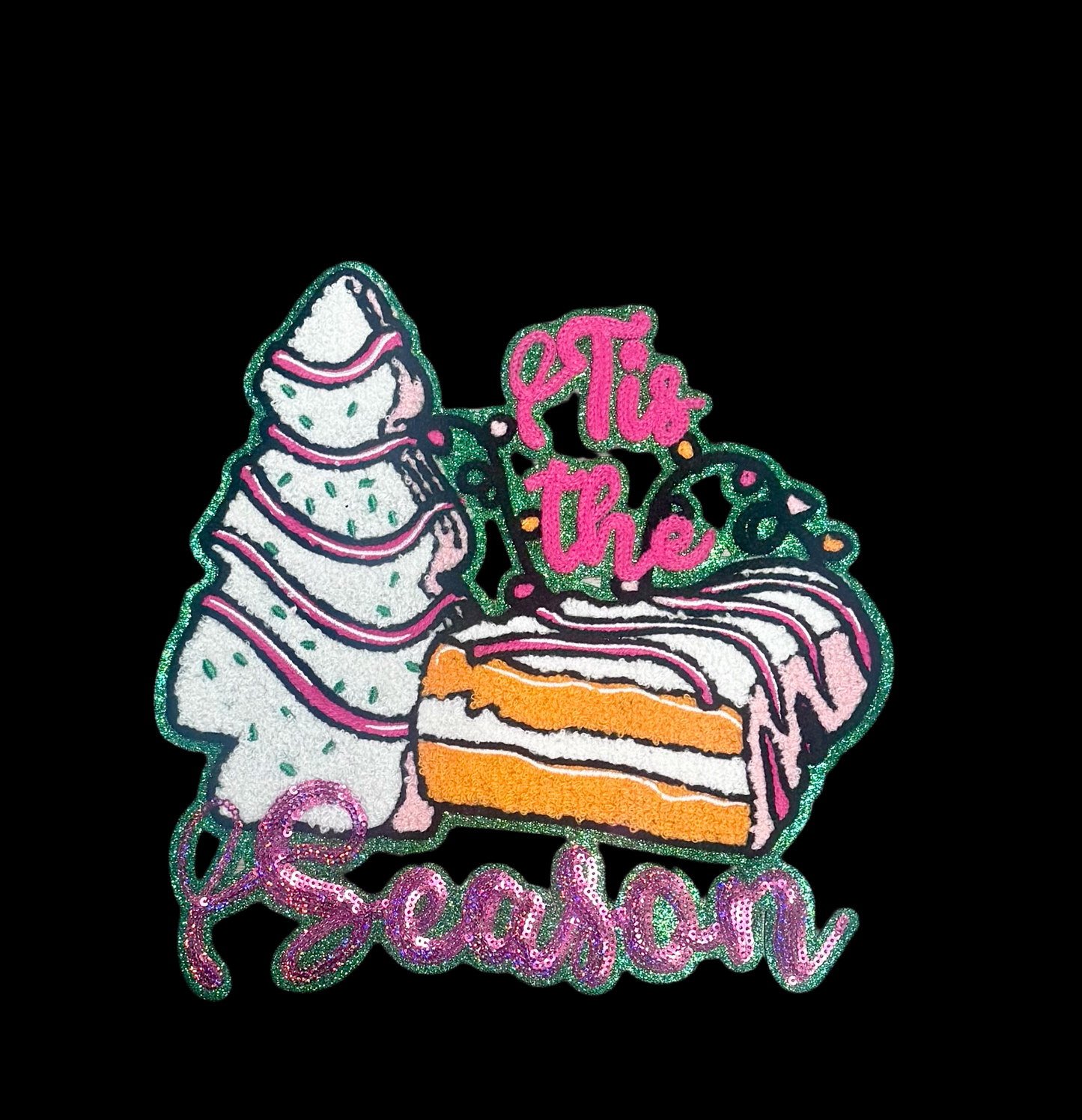 Pink Tis The Season Christmas Cake Patch, Green Glitter Backing, Iron On, DIY patch, Christmas Patch