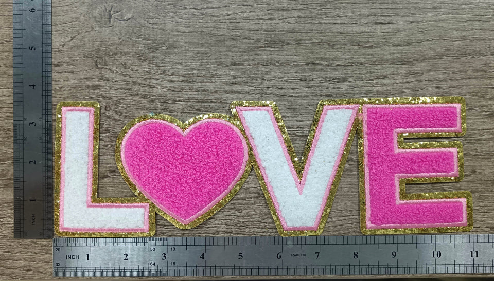 Love Iron On Chenille Patches with Gold-Glitter Edging - 11" Valentine's Day Love Chenille Patches - Heart Patches - Love Letter Patches