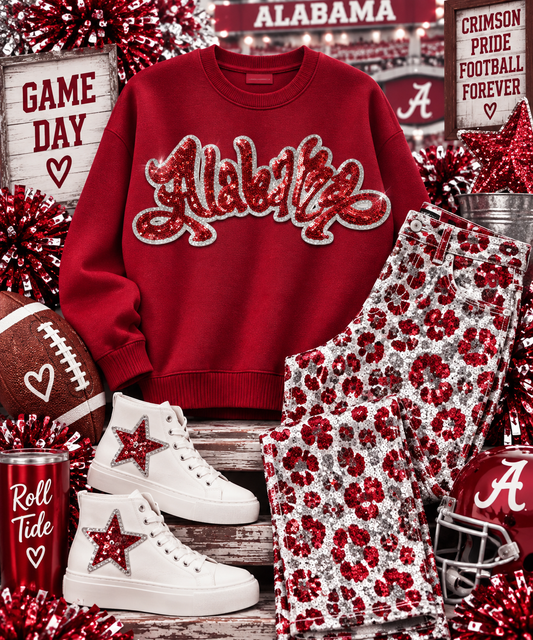 Sequin Patch, Crimson Alabama Patch, Silver Glitter Backing, Iron On Patch, Game Day Patch, Mascot Patch, DIY Patch