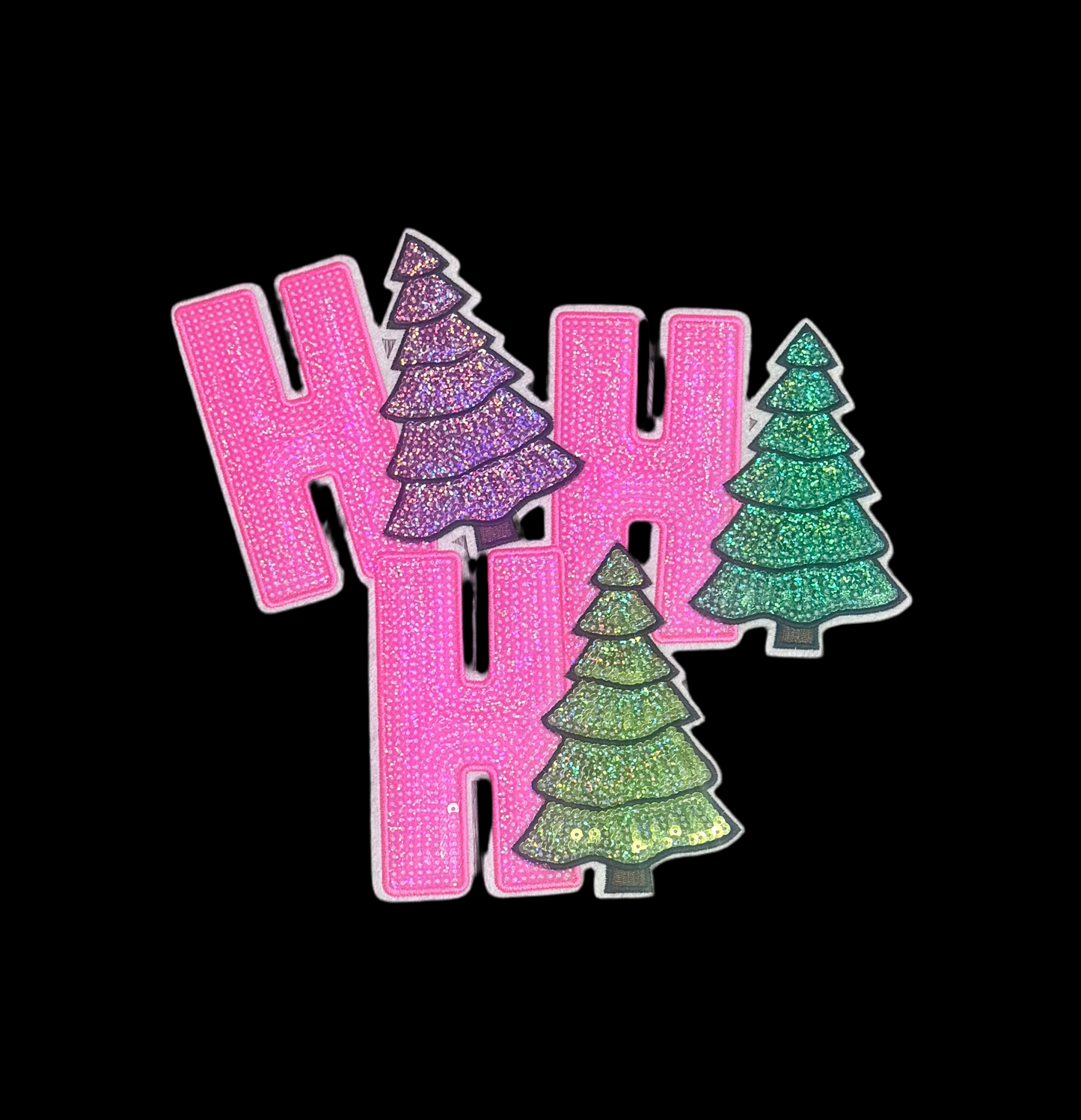 Sequin Ho Ho Ho with Christmas Trees, Pink Patch, Christmas Patch, Iron on Patch, Sequin Patch, Pink Christmas Patch