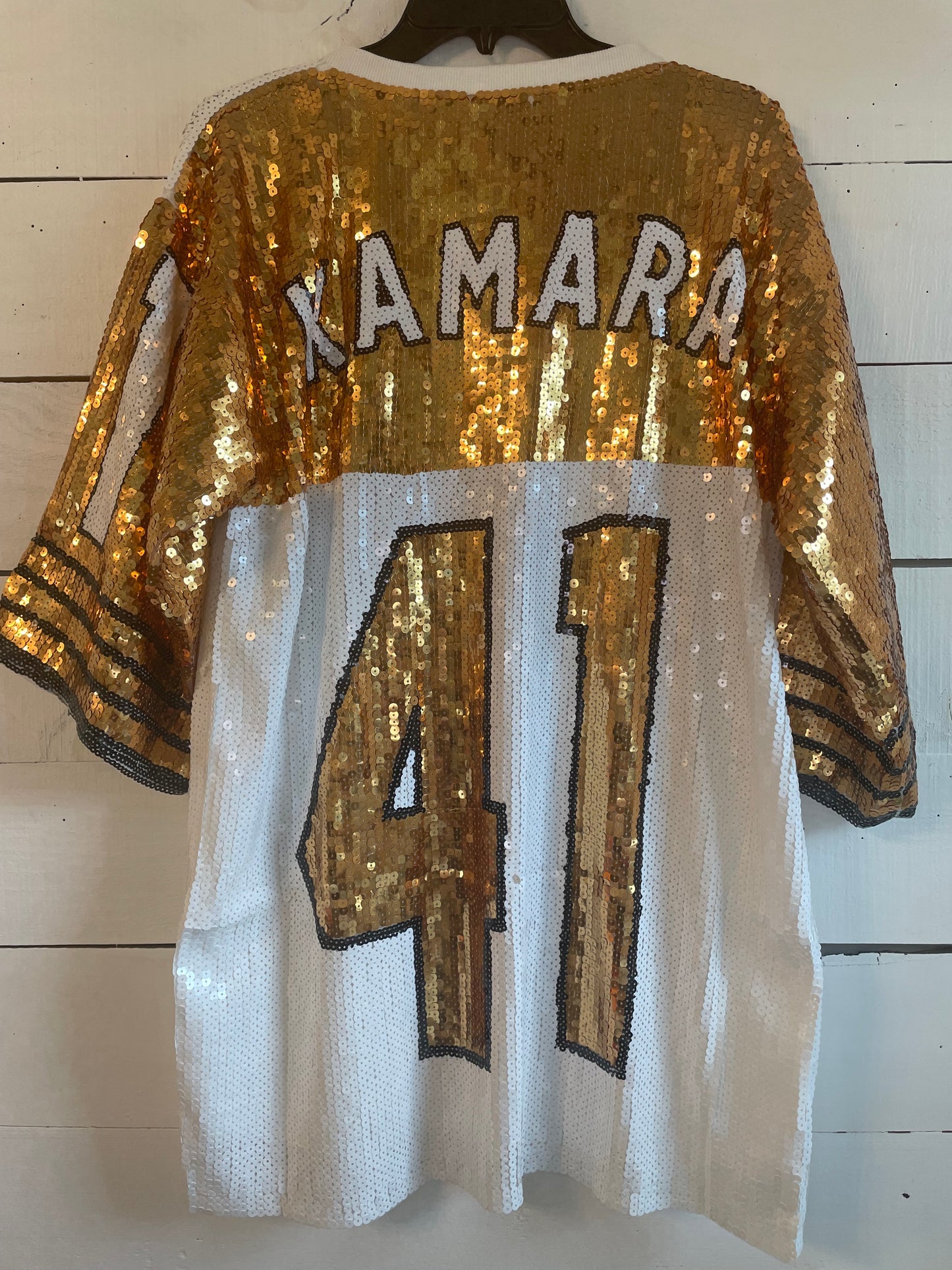 New Orleans Saints Sequin Ladies White and Gold Jersey Dress, Ladies White And Gold New Orleans Attire, NFL Attire, Sequin Jersey Dress, Game Day, Women’s Sequin Dress