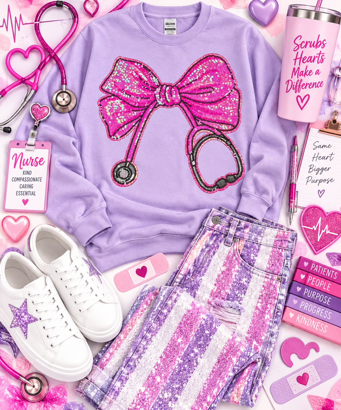 Stethoscope Bow Patch, 11 in Sequin Patch, Nurse Patch, Medical Patch, Pink Patch, Iron on Patch, DIY