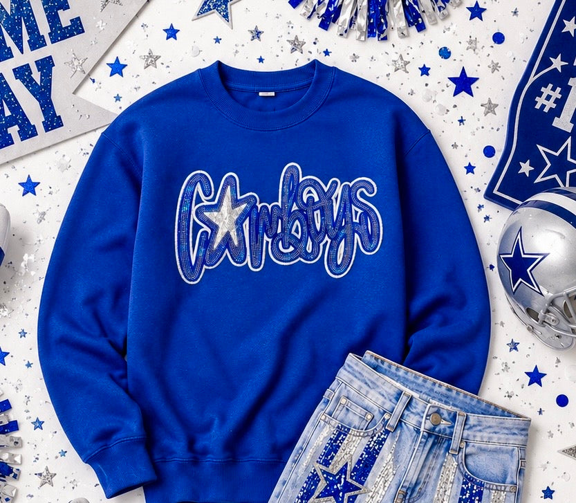 Cowboys Patch, Sequin Patch, Royal Blue and White Sequin Cowboys Patch, White Glitter Backing, Iron On Patch, School Mascot Patch, Game Day Patch, Mascot Patch, DIY Patch