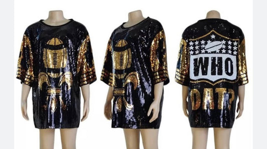 New Orleans Saints Ladies Black and Gold Sequin Jersey Dress| Black and Gold Dress| Women’s Sequin Dress| Bling Dress |NFL Sports|