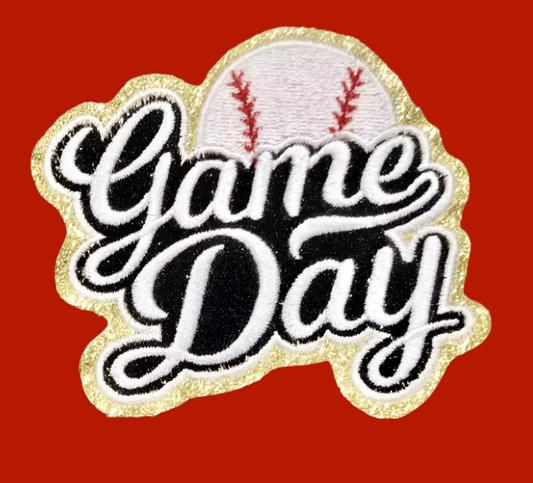 Baseball Game Day Patch. Trucker Hat Patch, Glitter Patch, Iron On Patch, Sports Patch, Game Day Patch, Patch for Hat, DIY, White embroidered  Patch