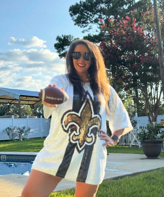 Sequin Dress, Fleur De Lis, White and Gold Sequin Jersey Dress, Football Jersey Dress, Game Day, Football Sequin Dress, Game Day Attire