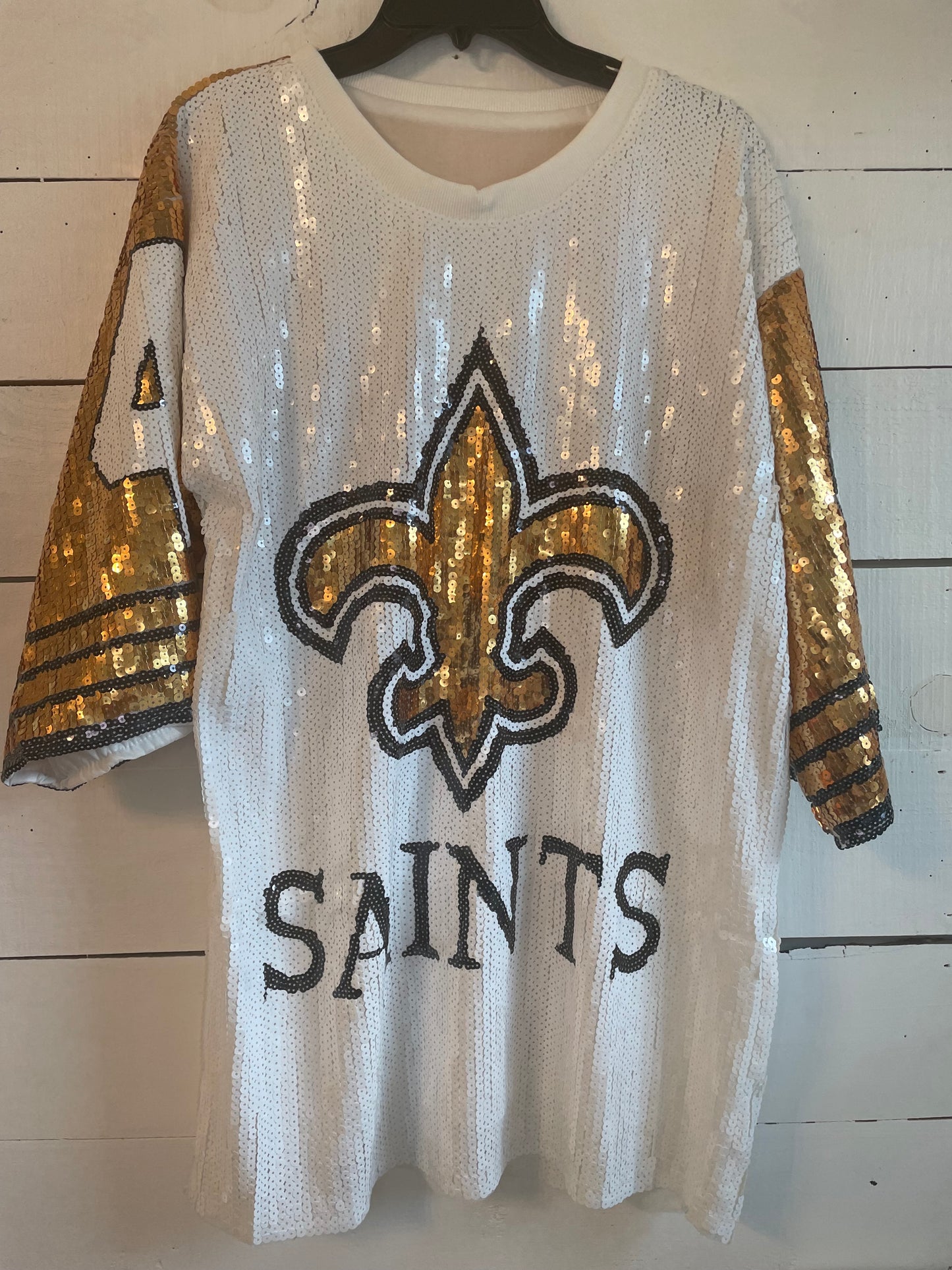 New Orleans Saints Sequin Ladies White and Gold Jersey Dress, Ladies White And Gold New Orleans Attire, NFL Attire, Sequin Jersey Dress, Game Day, Women’s Sequin Dress