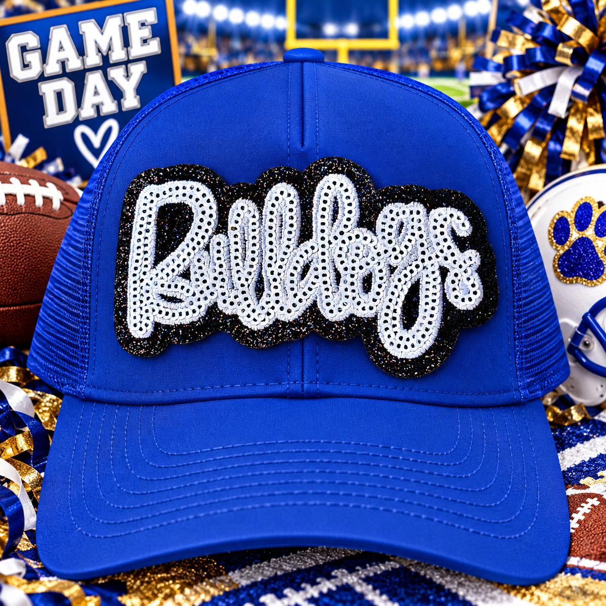 Sequin Bulldogs Patch, 4" Trucker Hat Patch, Sequin Patch, White Sequin Bulldogs Patch, Black Glitter Backing, Iron On Patch, Game Day Patch, Mascot Patch, DIY Patch