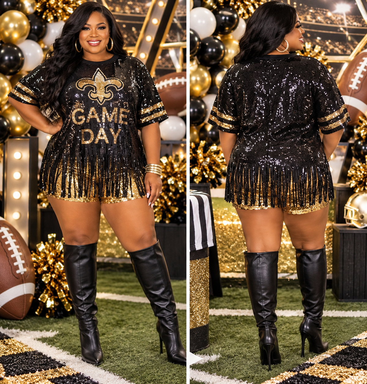 Saints Sequin Top, Plus Size Fleur De Lis Sequin Fringe Jersey Top